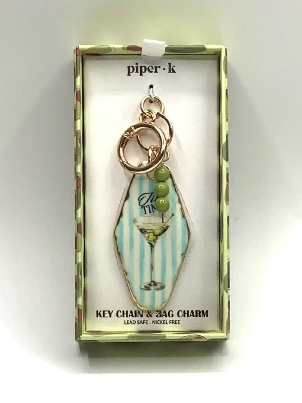 piper·k Gold-Tone Key Chain & Bag Charm in Aqua Stripe with Martini Accent